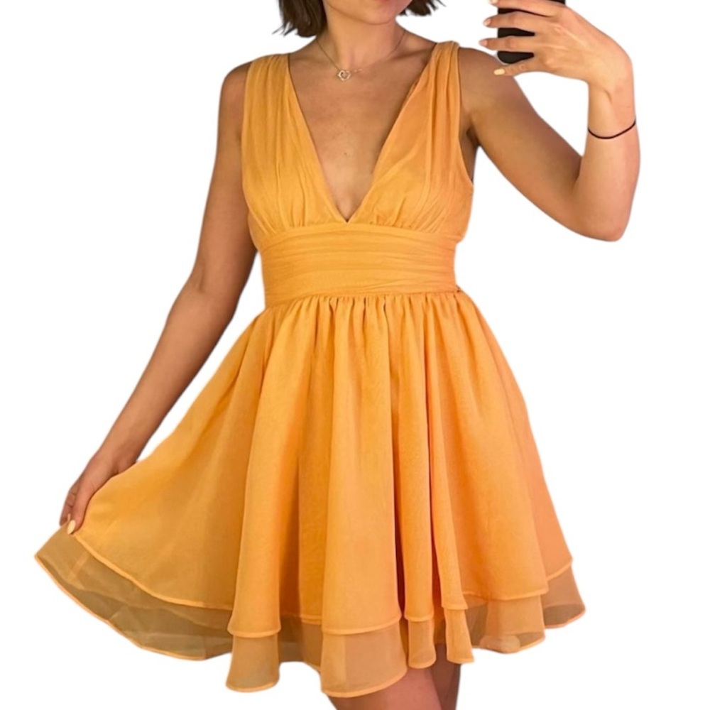 Abercrombie & Fitch Orange V-Neck Mini Fit and Flare Open Back Dress in Size L - Picture 15 of 15